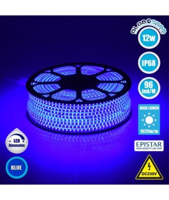 GLOBOSTAR® EPISLIM 70506 Ταινία LED 12W-m 780lm-m 120° DC 220-240V Αδιάβροχη IP65 96 x SMD2835 Chip-m Μπλε Dimmable - Epistar SMD Chip - Μ100 x Π1 x Υ0.5cm - 3 Χρόνια Εγγύηση